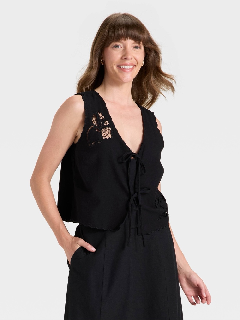 Universal Thread Boho Black Embroidered Tie Front Vest Tank Top